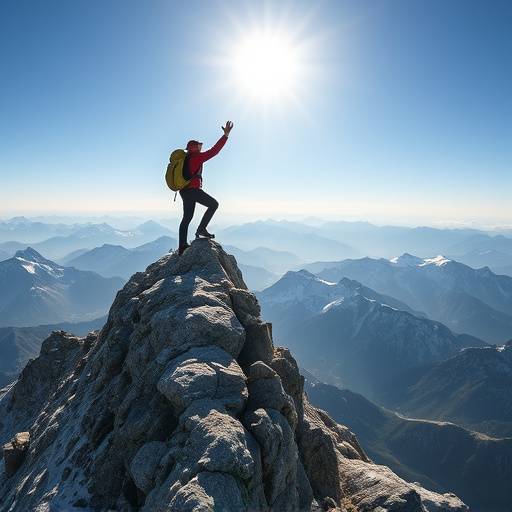 A person climbing a mountain and reaching the summit, symbolizing resilience and overcoming challenges.
