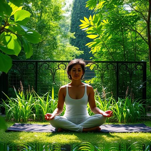 A person meditating peacefully in a serene natural setting, surrounded by lush greenery, symbolizing relaxation and mindfulness.